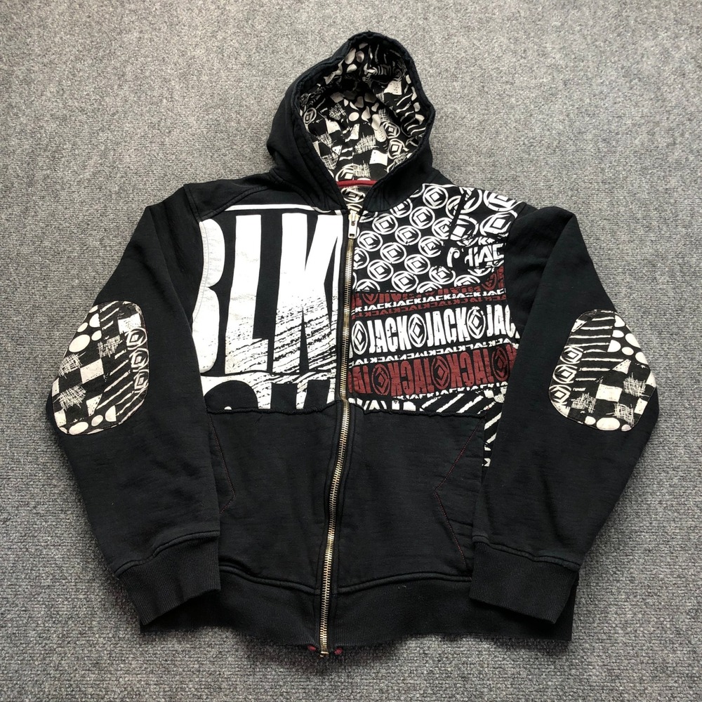Y2K  Mens Graphic Full Zip Hoodie Black Multi Pattern Streetwear XL